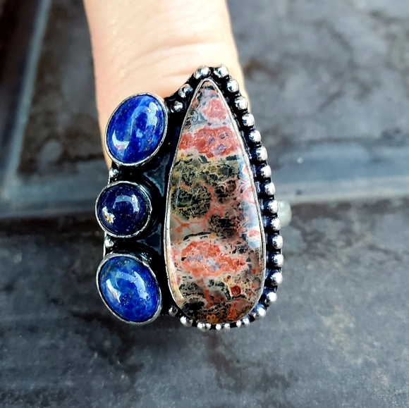 New Leopard Skin Jasper & Lapis Lazuli 925 Silver Ring. - Picture 12 of 14